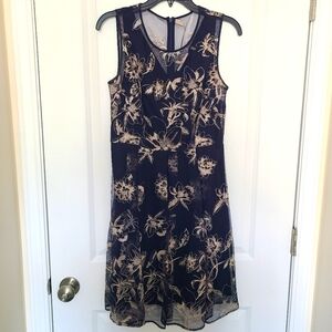 T Tahari Women's Back Zip Floral Mesh Overlay Antoinette Dress Navy Blue Size 4